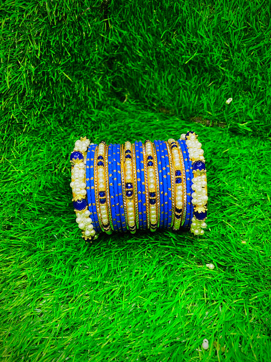 Royal Blue & Gold Pearl Bangle Set – Perfect for Special Occasions