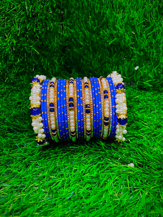 Royal Blue & Gold Pearl Bangle Set – Perfect for Special Occasions