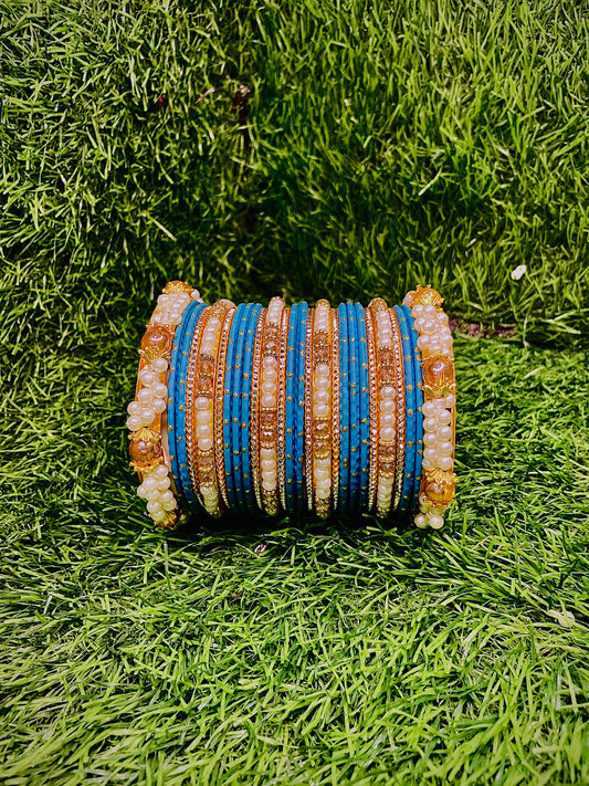 Royal Blue & Gold Pearl Bangle Set – Perfect for Special Occasions