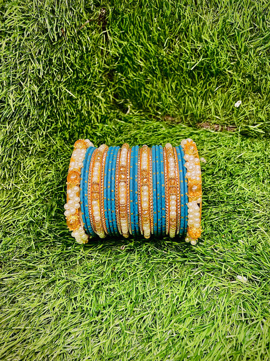 Royal Blue & Gold Pearl Bangle Set – Perfect for Special Occasions