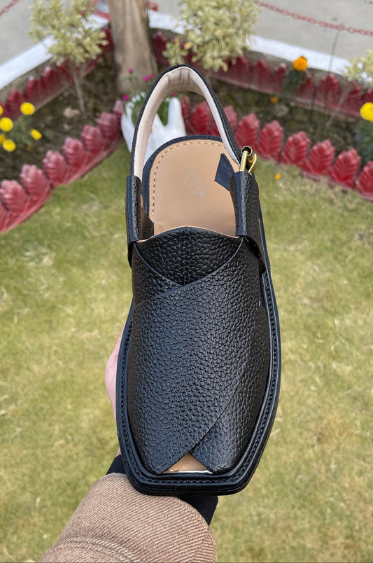 Black Leather Sandals, Men's Black Peshawari Chappal, Traditional Handcrafted