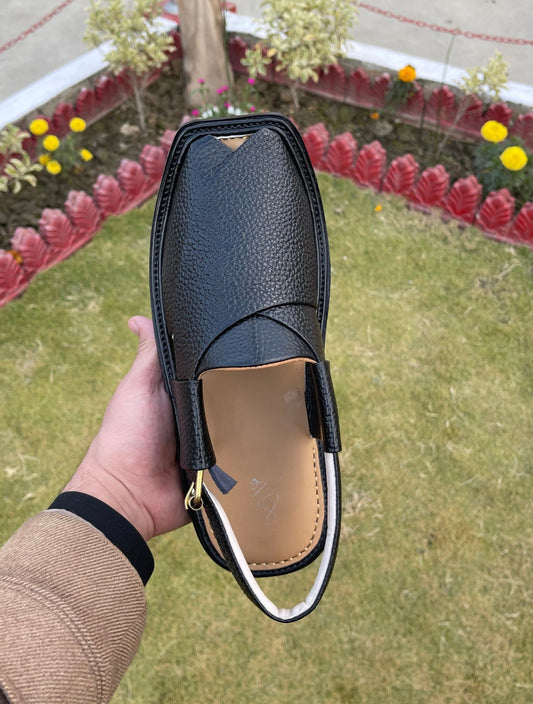 Black Leather Sandals, Men's Black Peshawari Chappal, Traditional Handcrafted